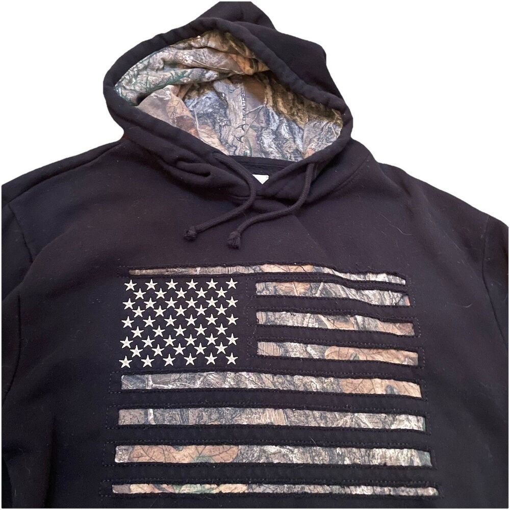 Buck Wear Camo Stars Stripes Hoodie Men’s Large Black American Flag Realtree